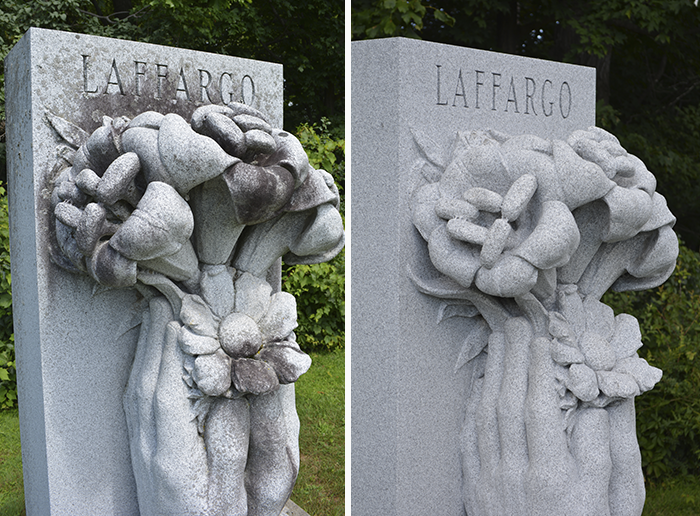 BLUE GRAY® granite headstone before and after cleaning at Hope Cemetery in Barre, VT.