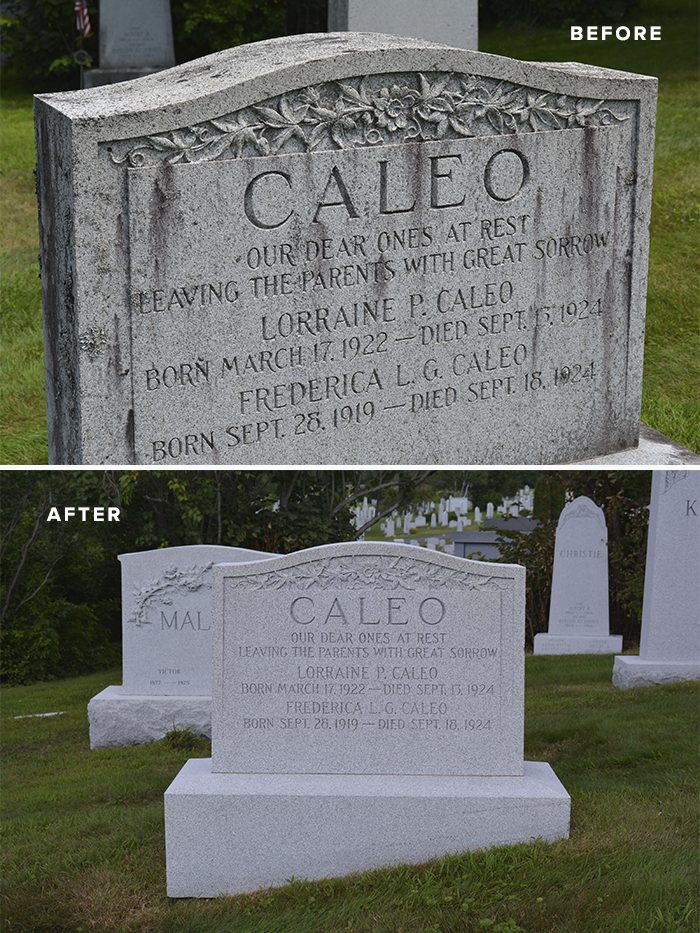 BLUE GRAY® granite headstone before and after cleaning at Hope Cemetery in Barre, VT.