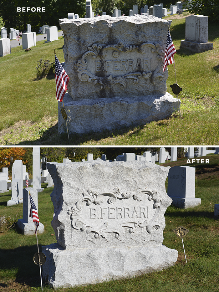 BLUE GRAY® granite headstone before and after cleaning at Hope Cemetery in Barre, VT.