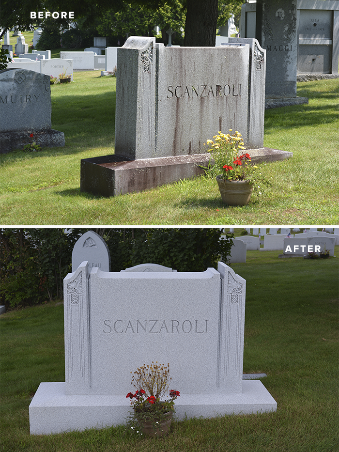 BLUE GRAY® granite headstone before and after cleaning at Hope Cemetery in Barre, VT.