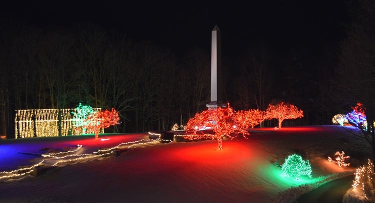 Holiday lights surrounding the historical Joseph Smith Memorial  in Vermont