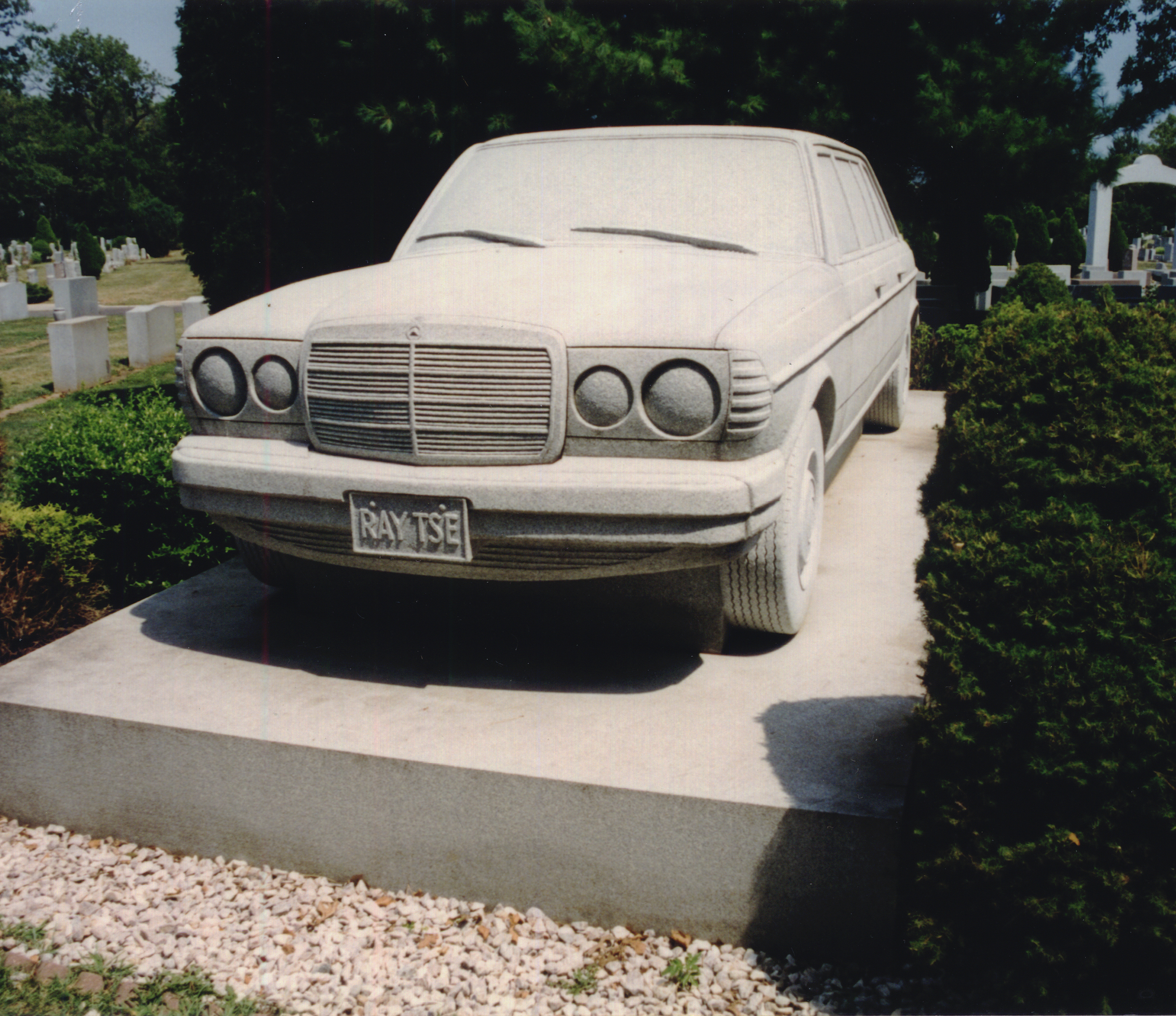 Mercedes Benz sculpture headstone carved from Rock of Ages' Blue Gray granite